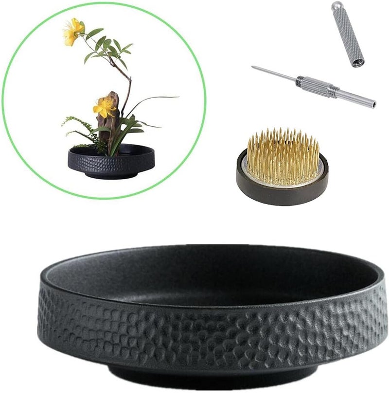 Eggone Japanese Ikebana Vase Kit, Flower Shallow Container Ceramics Ikebana Vase with 1.57inch Flower Frog and Floristry Floral Frog Kenzan Needle Straightening Tool (Hammer Pattern Bowl) - Image 1